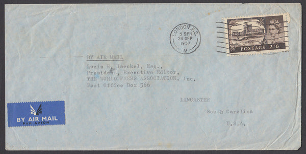 55110 - 1957 MAIL LONDON TO USA 2/6D CASTLE ISSUE. Large envelope (205x103) London to the US ...