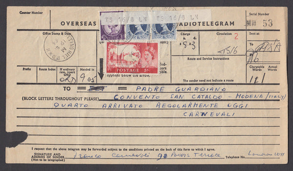 55481 - 1964 TELEGRAM 5S CASTLE. Telegram (215x120) Notting Hill to Italy with...