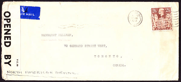 55554 - 1941 MAIL LONDON TO CANADA. Large envelope (241x108) London to Toronto, Canada with KGVI 2/6d br...
