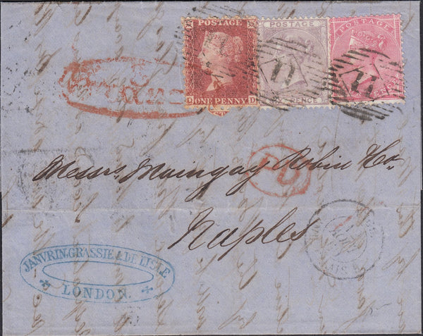 55724 - 1860 THREE COLOUR COMBINATION LONDON TO NAPLES. 1860 letter London to Naples with 1d star (SG 40) ...