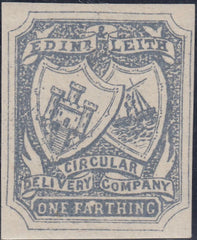 55786 - 1865 EDINBURGH AND LEITH ¼D CIRCULAR DELIVERY LABEL IMPERFORATE (CD7 var).