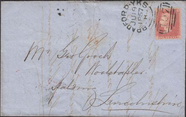 55808 1857 DIE 2 1D PL.49 TRANSITIONAL PRINTING (SPEC C9)(CE) ON COVER BRADFORD (YKS) TO SPALDING.