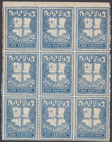 56131 1866 LONDON CIRCULAR DELIVERY COMPANY ¼d DEEP BLUE PIN PERF 10½-11 (CD31) VARIETY 'IMPERFORATE HORIZONTALLY', UNUSED BLOCK OF NINE ALL STAMPS AFFECTED.