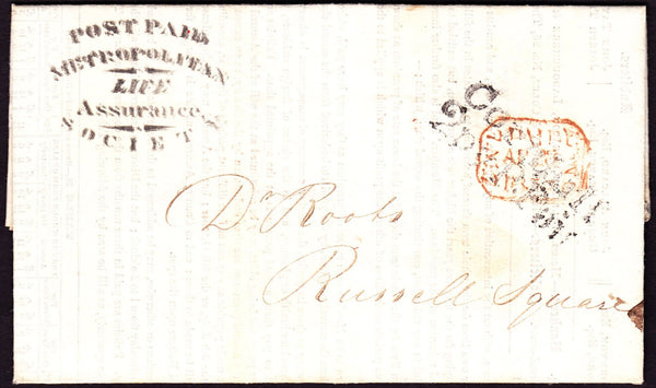 56233 1837 MAIL USED IN LONDON WITH 'POST PAID/METROPOLITAN/LIFE Assurance/SOCIETY' CACHET IN BLACK.