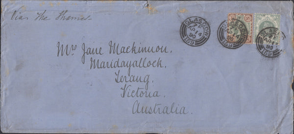 57072 - 1890 MAIL GLASGOW TO AUSTRALIA/1S GREEN (SG211). Large envelope (226x104), peripheral imperfections, Glasgow to Victoria, Australia with ...