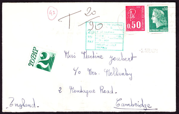 57212 - 1971 UNDERPAID MAIL FRANCE TO CAMBRIDGE. Envelope France to Cambridge wit...