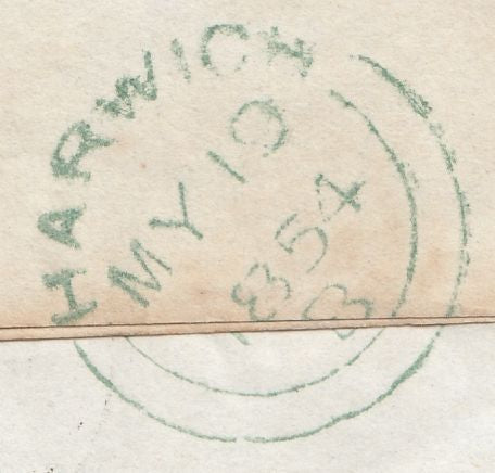 57338 - THE '340' BARRED NUMERAL OF HARWICH IN BLUE (SPEC C1ub) ON 1854 WRAPPER HARWICH TO WEELEY ESSEX.