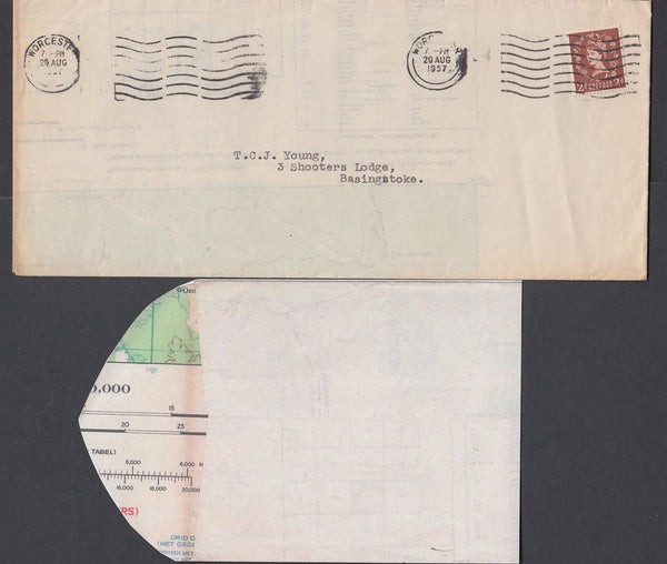 57400 1957 ENVELOPE MADE FROM PART ASIAN MAP USED IN THE UK.