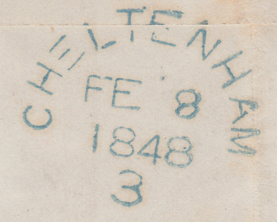 57546 1848 MAIL WORCESTER TO CHELTENHAM WITH 'CHELTENHAM/3' SKELETON DATE STAMP IN BLUE-GREEN (GL170).