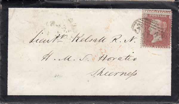 57817 1856 MOURNING ENVELOPE SIBLE HEDINGHAM, ESSEX TO 'HMS HORATIO, SHEERNESS' WITH 'SIBLE-HEDINGHAM' UDC.