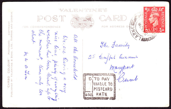 58025 - 1948 UNDERPAID MAIL IRELAND TO UK. Postcard Larne (Ireland) to Maryport, Cumberl...
