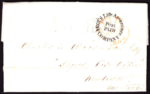 58072 1840 MAIL LONDON TO NEWTOWN, MONTGOMERY WITH 'ARGUS Life Assurance COMPANY/Post PAID' CIRCULAR HAND STAMP.