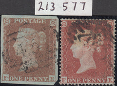 58190 1853/4 1D PLATE 165 MATCHED PAIR 1D IMPERF (SG8) AND 1D PERF (SG17) LETTERED FE.