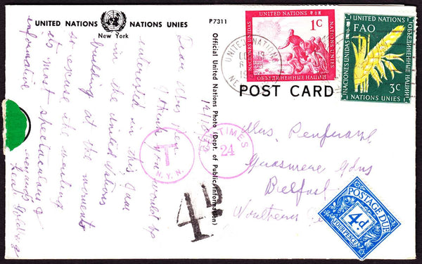58372 - 1954 UNDERPAID MAIL NEW YORK TO BELFAST. Post card New York to Belfast  wi...