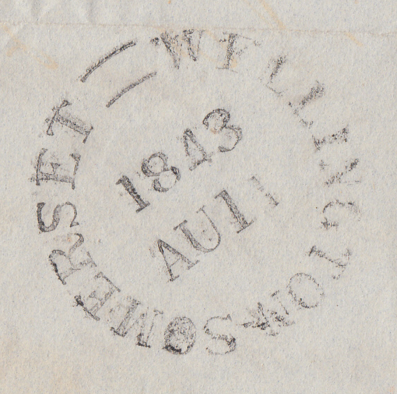 58950 1843 MAIL GLOUCESTER TO WELLINGTON (SOMS) WITH 'SOUTHGATE/GLOUCESTER' HAND STAMP (GL417)/PL.28 (SG8)(QA).