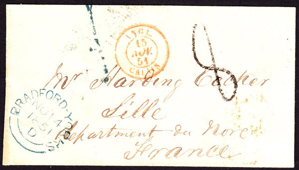 59433 - 1851 MAIL BRADFORD YORKS TO LILLE FRANCE. Envelope Bradford (Yorks) to Lille, France, p...