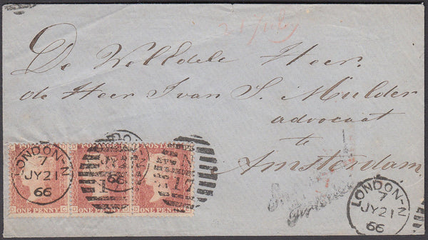 59546 - 1866 MAIL TO AMSTERDAM/Pl.94 (SG 43) (DC DD DE). E...