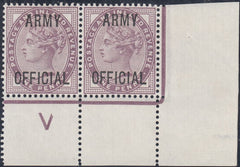 59727 - 1896 1D LILAC 'ARMY OFFICIAL' (SG043) CONTROL 'V' CORNER PAIR.