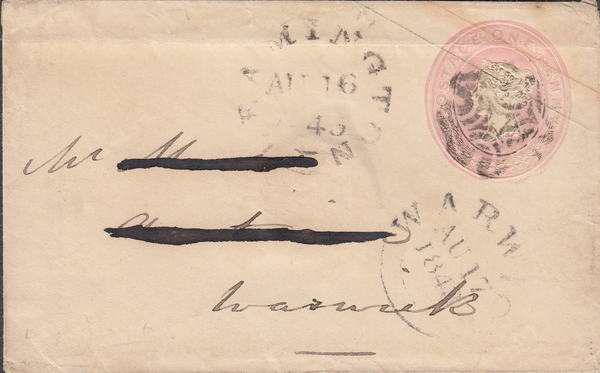 59952 - 1843 LEAMINGTON MALTESE CROSS/1D PINK ENVELOPE.