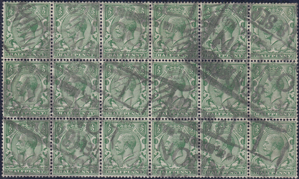 60351 - 1912 ½D ROYAL CYPHER INVERTED WATERMARK USED BLOCK OF 18. (SG351Wi).  Used block of 1912 ½d royal cypher INVERTED WATERMARK FROM SHEET...
