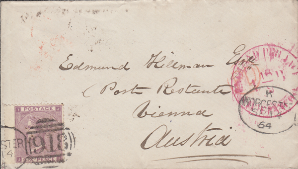 60548 - 1864 WORCESTER SPOON THIRD RECUT (RA130) ON COVER TO AUSTRIA/6D LILAC (SG84)(JI).