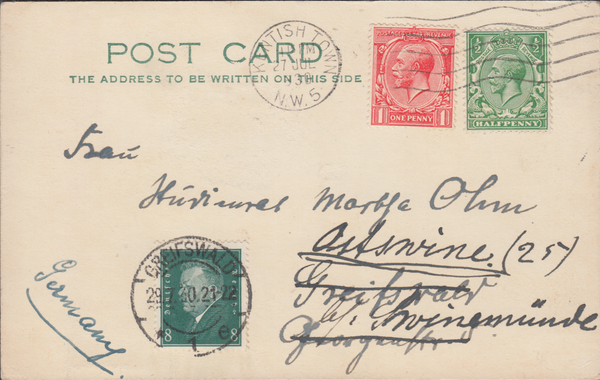 60559 - 1930 COMBINATION FRANKING GB AND GERMAN ISSUES.  Post card London to Greifswa...
