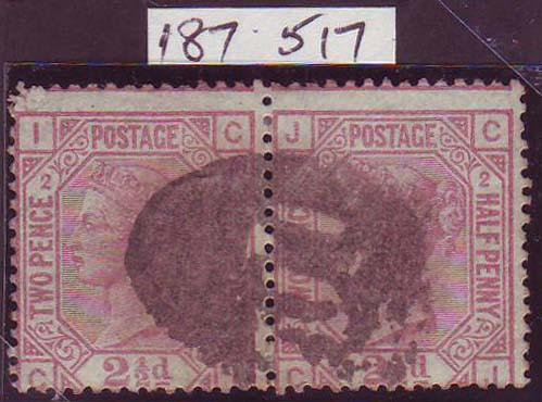60734 1875 2½D ROSY-MAUVE PLATE 2 WATERMARK ANCHOR INVERTED (SG139Wi) USED HORIZONTAL PAIR.on white paper waterma...