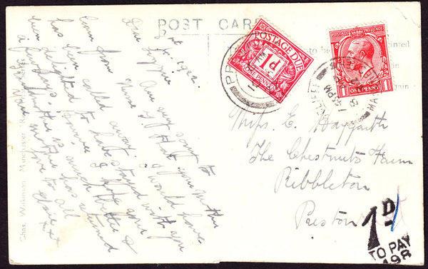 61343 - 1922 UNDERPAID MAIL RADCLIFFE, MANCHESTER TO PRESTON. 1922 post card Radcliffe, Manchester t...