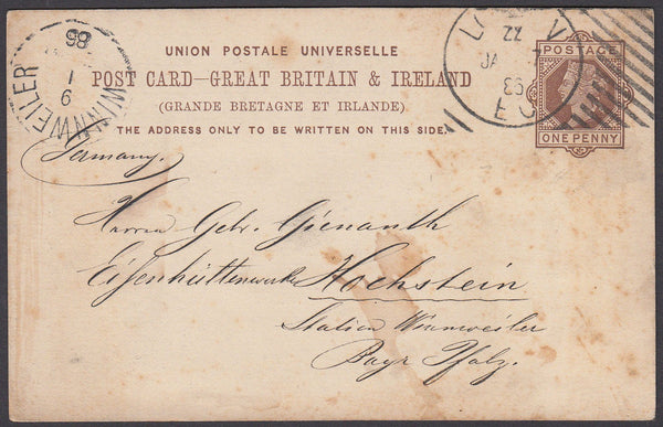 61428 - HOSTER CANCELLATION. 1886 Q.V. 1d brown UPU postca...