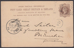 61429 1888 UPU 1D POST CARD LONDON TO MUNICH, HOSTER CANCELLATION.