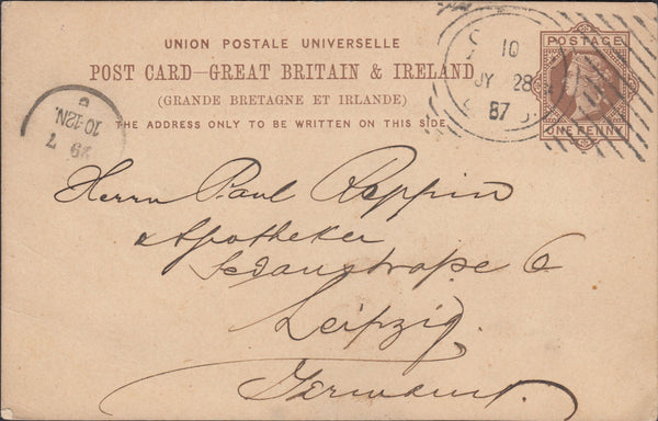 61432 1887 QV 1D UPU POST CARD LONDON TO LEIPZIG, HOSTER CANCELLATION.