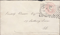 61437 1893 ONE PENNY PINK ENVELOPE USED IN LONDON, HOSTER CANCELLATION.