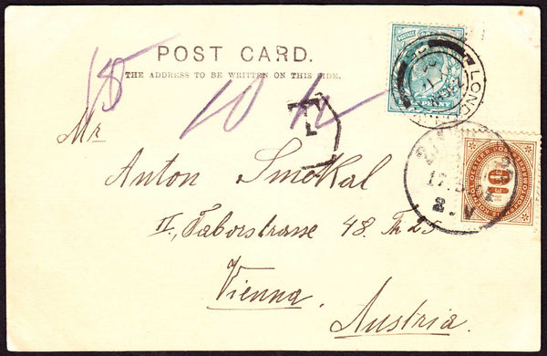 61689 - 1904 UNDERPAID MAIL LONDON TO VIENNA. Post card London - Vienna with...