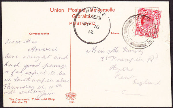 61797 - KENT. 1912 postcard Gibralter to Hythe, Kent with ...