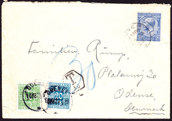 61981 -1928 UNDERPAID MAIL DOVER TO ODENSE, DENMARK. 1928 envelope Dover to Odense, Denmar...