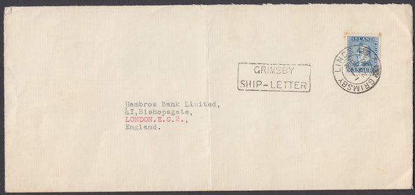62606 -1936 MAIL ICELAND TO LONDON/'GRIMSBY SHIP-LETTER' HAND STAMP.  Fine envelope ...