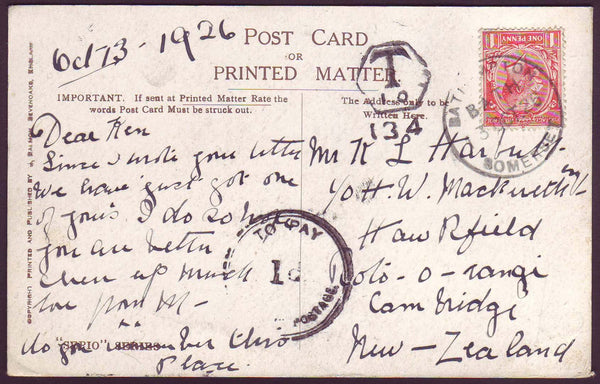 62810 - SOMERSET/1928 UNDERPAID MAIL BATHAMPTON TO NEW ZEALAND. 1926 post card of The Globe, ...