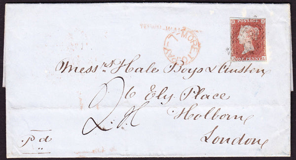 62822 1850 MAIL DOVER TO LONDON WITH 1D (SG8), POSTAGE UNDERPAID WITH CHARGE MARKS.