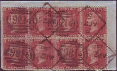 63719 - 1856 DIE 2 1D PL. 33 RED-BROWN BLUED PAPER (SG29) USED BLOCK OF EIGHT.