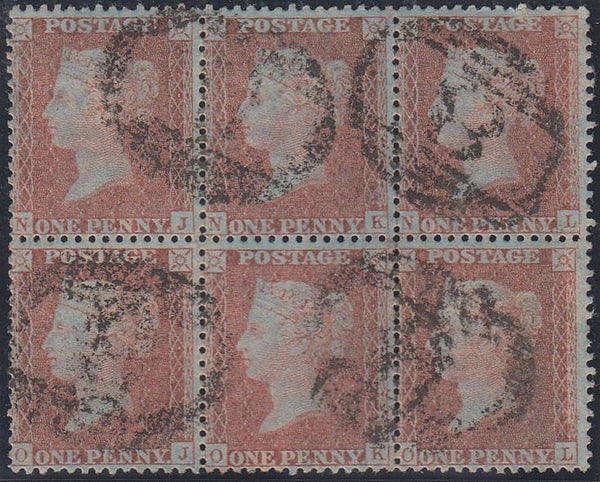 63724 - 1856 DIE 2 PLATE 34 USED BLOCK OF SIX RED-BROWN ON VERY BLUED PAPER (SG29). A fine used