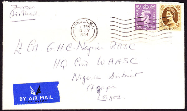 63934 - 1954 MAIL LONDON TO NIGERIA/MIXED REIGNS. Envelope London to Lagos, Nigeria with KGVI 3...