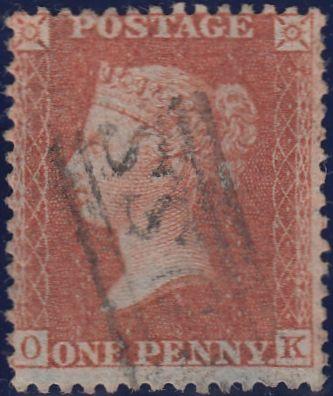 64272 - PL.44 (OK)(SG29). Fine used 1856 1d pl. 44 red-brown on blued paper (SG29)