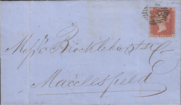 64305 - PL.5 (GI CONSTANT VARIETY 'MINUTE G') L.C.14 (SPEC C6i) ON COVER. 1855 wrapper London to Macclesfield (brocklehurst)...