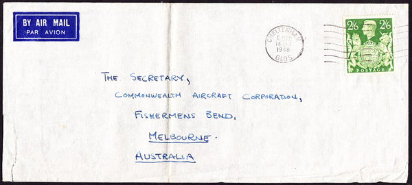 64325 - 1946 MAIL CHELTENHAM TO AUSTRALIA 2/6D YELLOW-GREEN (SG476b). Large envelope (230x102) Cheltenham to Australia with KGVI 2/...