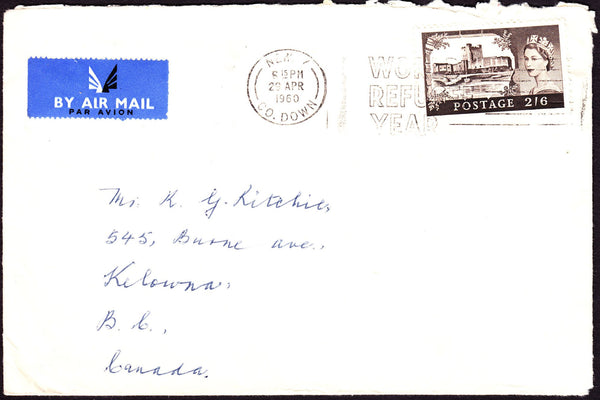 64371 - 1960 MAIL NEWRY (N IRELAND) TO CANADA 2/6 CASTLE ON COVER. Envelope County Down to Canada with 2/6d cast...