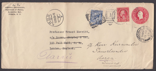 64730 - 1923 MAIL USA TO LONDON RE DIRECTED TO SWITZERLAND/COMBINATION US AND GB STAMPS.  US 2c postal stationery envelope uprated with...