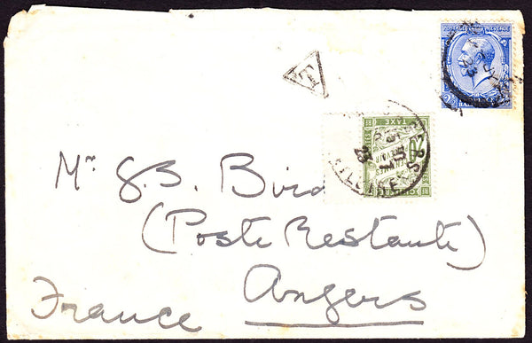 64752 - 1923 MAIL TO FRANCE WITH FRENCH POSTAGE DUE PAYING POST RESTANTE. 1923 envelope to France (Poste Restan...