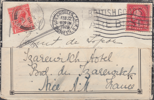 64784 - 1926 COMBINATION FRANKING USA AND GB STAMPS. 1926 envelope Los Angeles to...