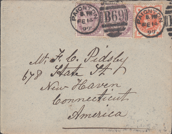 64853 - 1899 TRANSATLANTIC MAIL. Envelope Paignton to Conn...