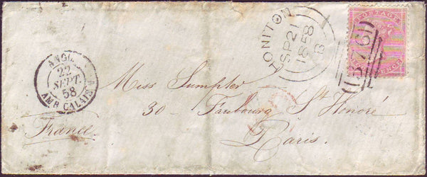 64862 - HONITON SIDEWAYS DUPLEX ON COVER TO FRANCE/4D (SG66).